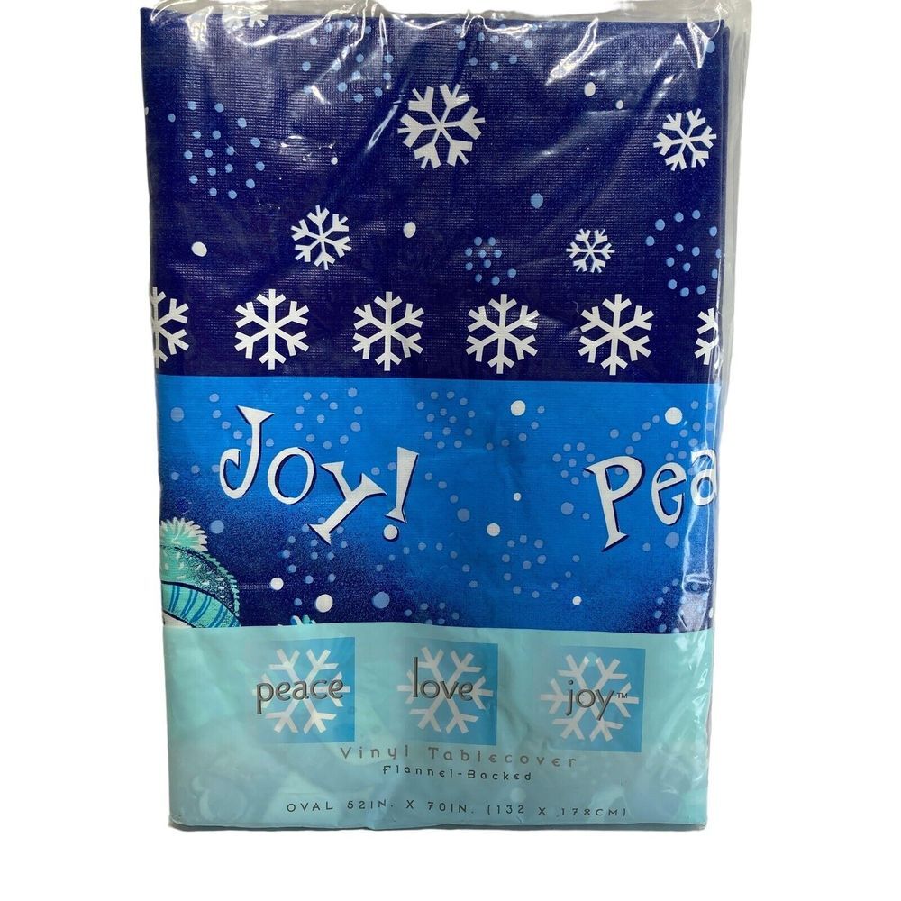 Vintage Holiday Joy Peace Love Vinyl Tablecloth Flannel Backed Blue White 52x70"